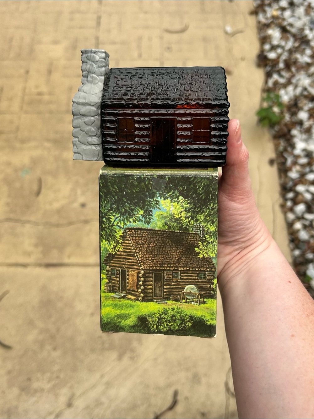 Avon Brown Glass Log Cabin Bottle with Gray Chimney